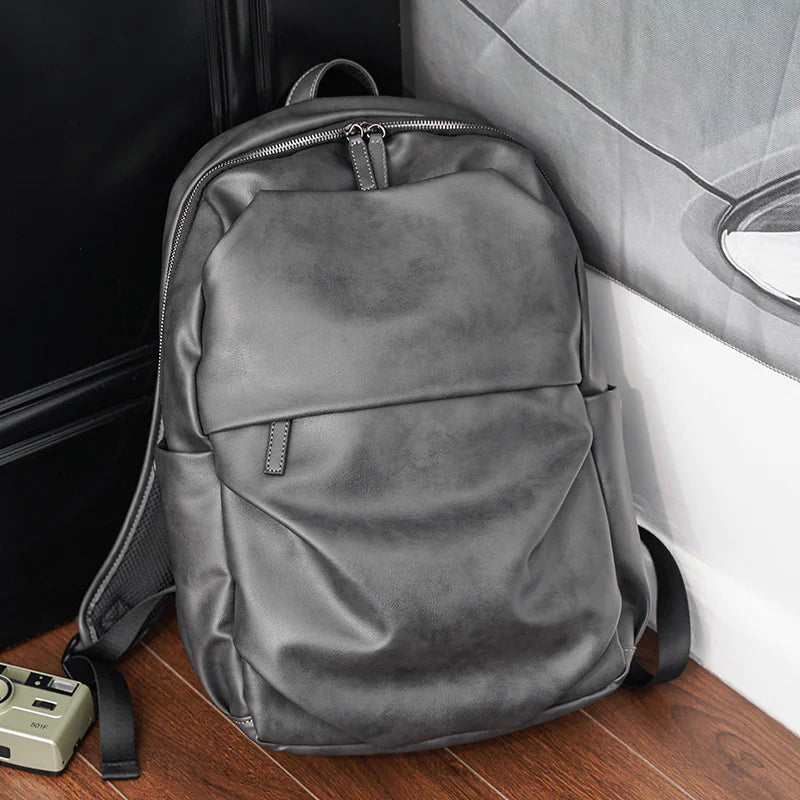 Men’s Matte Gray PU Leather Backpack – Waterproof Business & Travel Bag
