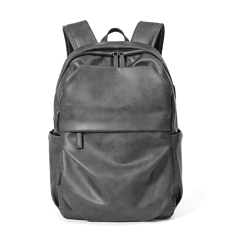 Men’s Matte Gray PU Leather Backpack – Waterproof Business & Travel Bag
