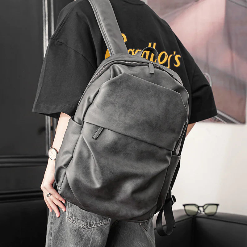 Men’s Matte Gray PU Leather Backpack – Waterproof Business & Travel Bag