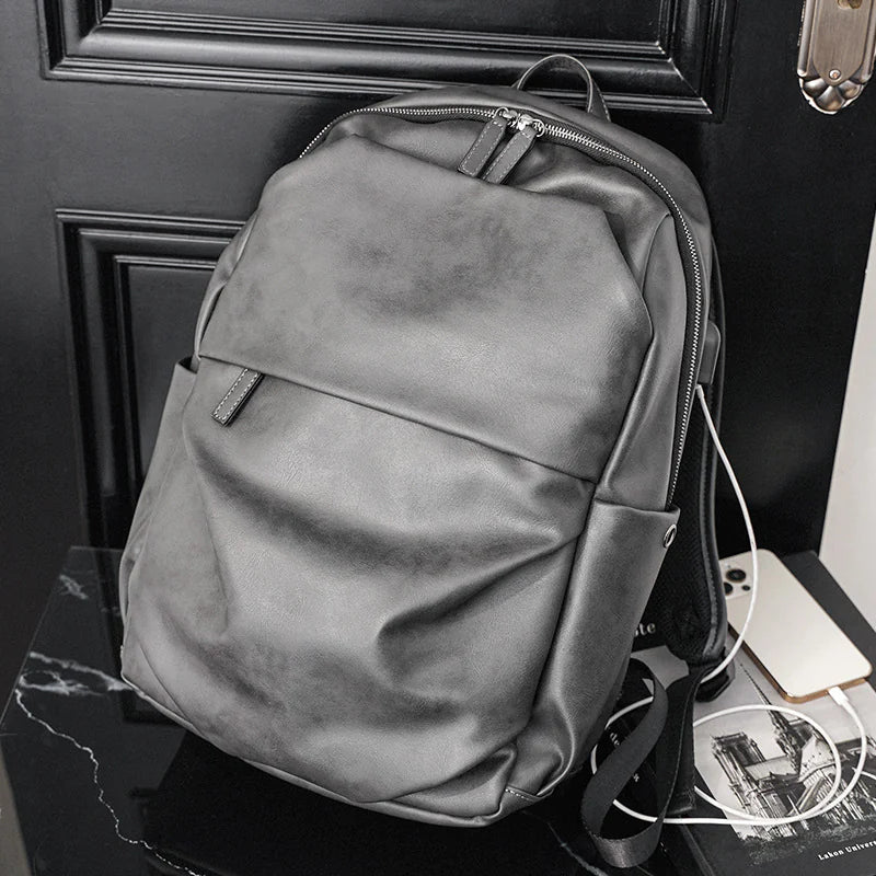 Men’s Matte Gray PU Leather Backpack – Waterproof Business & Travel Bag