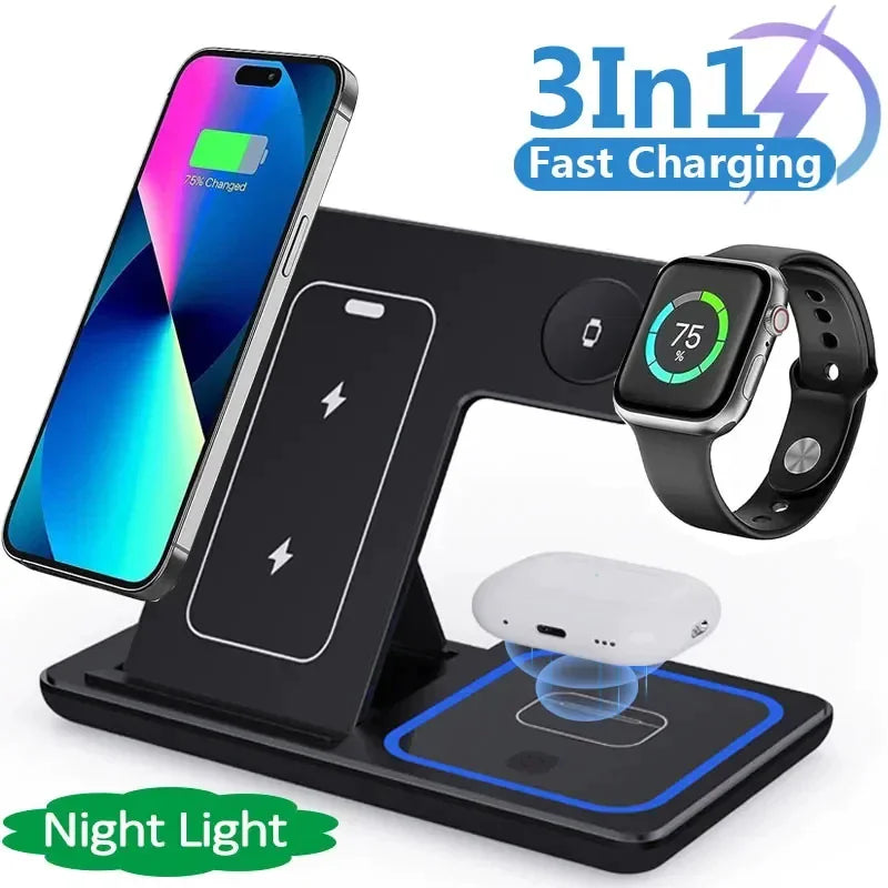 3-in-1 LED Fast Wireless Charging Station | Foldable Magnetic Charger Stand